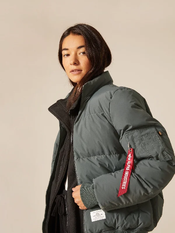 Down-filled – Filled with down feathers for insulationMA-1 QUILTED BOMBER JACKET