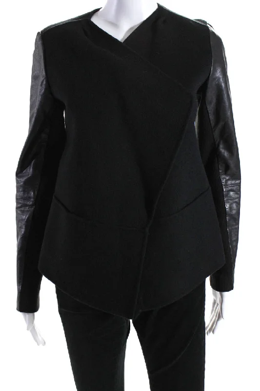 Warm – Insulated, cozyVince Women's Collared Long Sleeves Open Front Leather Jacket Black