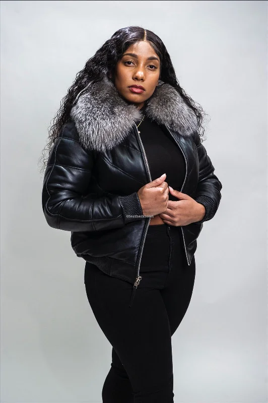 Button-down – With buttons, button closureWomen's V-Bomber Black Premium Fox Fur Collar [Silver Fur]