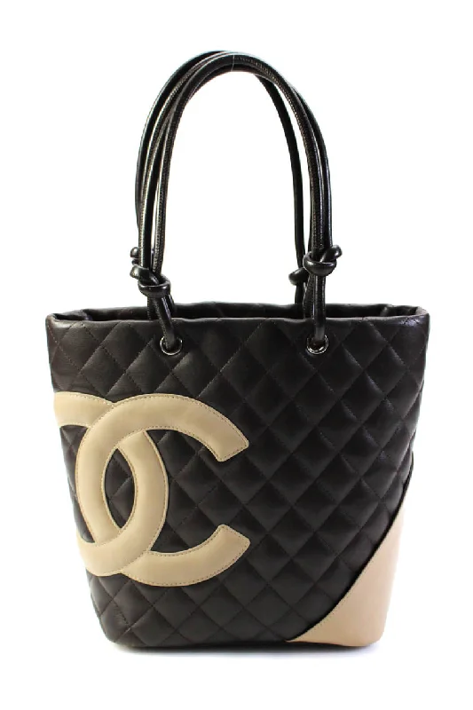 Chanel Womens Asymmetrical CC Quilted Leather Top Handle Cambon Tote Handbag Brown