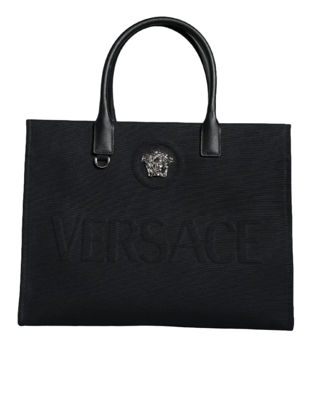 Versace  Top Handle Canvas Leather Logo Shopping Tote Women's Bag