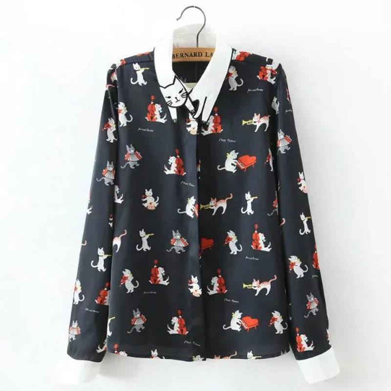 Brand New Women Cute Cat Print Special Collar Long Sleeve Shirt  Blouse Casual  tops Blusas