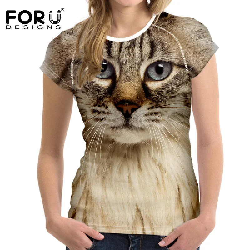 FORUDESIGNS Black Cat Printing Women T Shirt 3D Cat Dog T-Shirt Casual Female Round Neck Short Sleeve Fashion Tops Tee Shirts