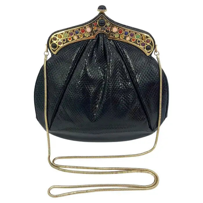 Judith Leiber Black Lizard Gemstone Top Shoulder Bag