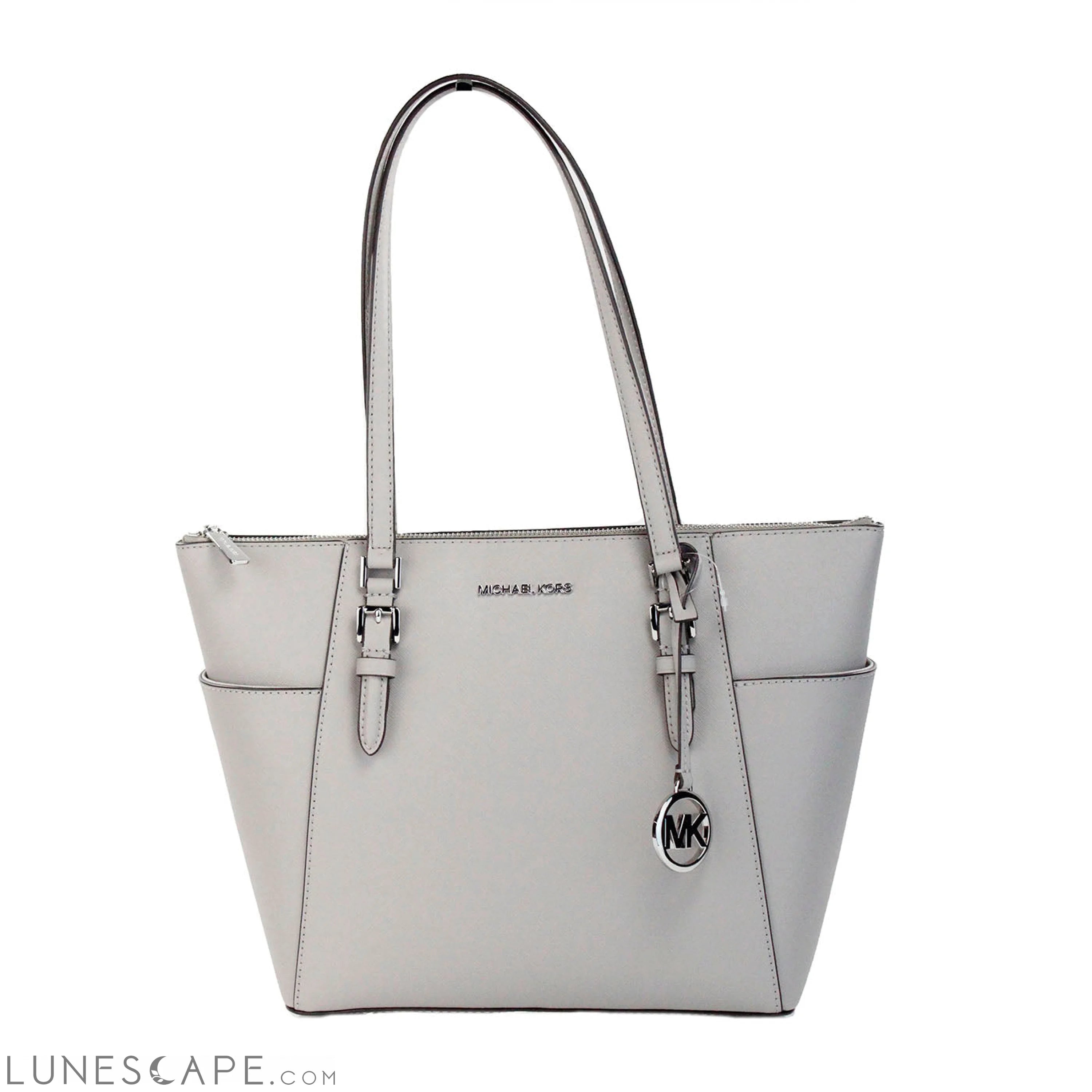 Michael Kors Charlotte Pearl Grey Large Leather Top Zip Tote Bag Purse