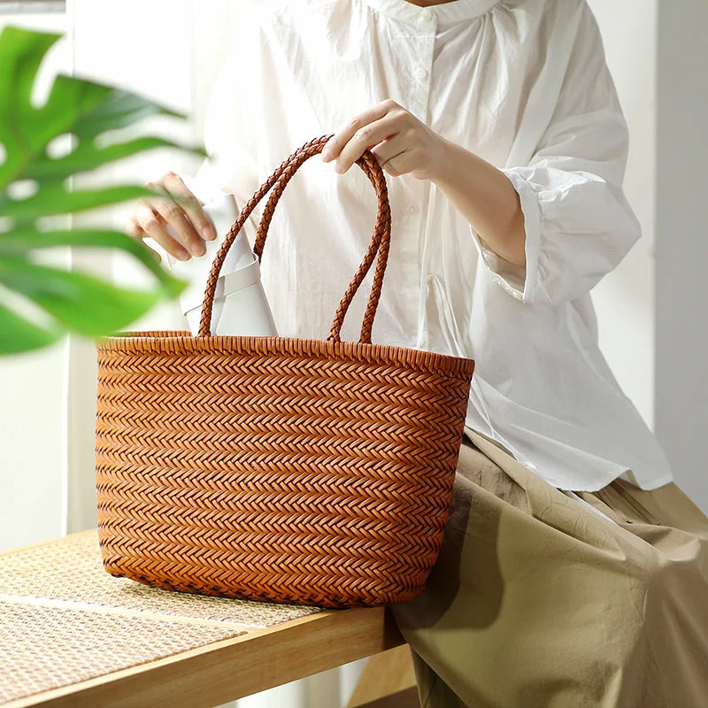 Stylish Womens Leather Tote Woven Top Handle Handbag For Women