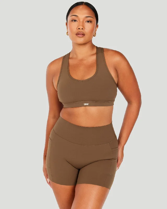 Back-closure sports bra – Sports bra with a hook-and-eye closure at the back for adjustable fit and ease of wear.Aura Mesh Bra - Cafe Latte