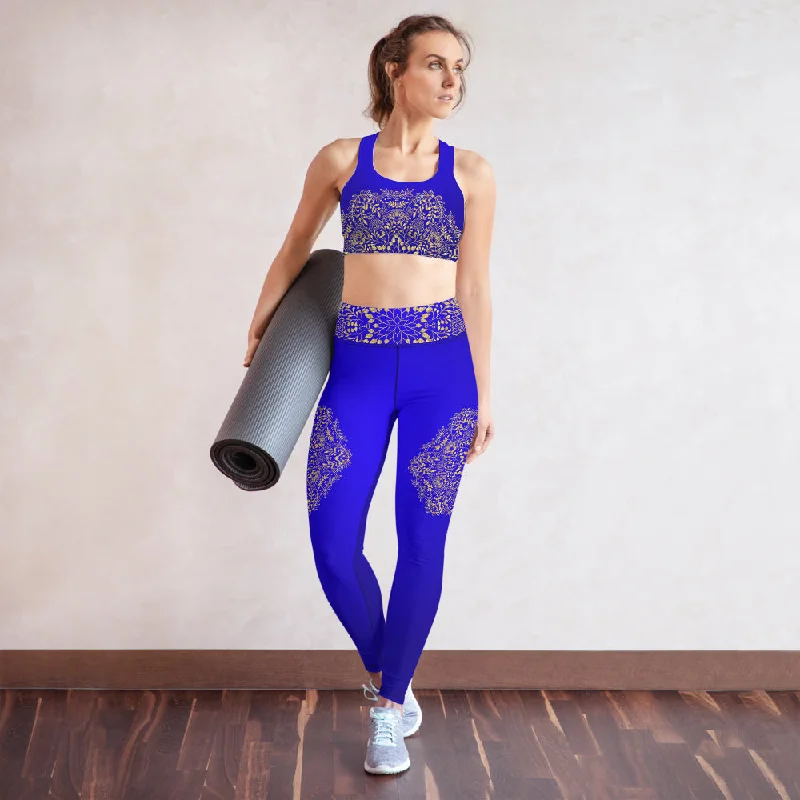 V-neck sports bra – Sports bra with a V-shaped neckline for a flattering and comfortable fit.Blue and Gold Mandala Padded Sports Bra