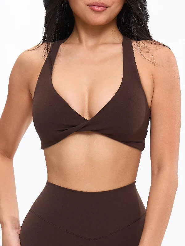 Activewear sports bra – Sports bra designed not only for performance but also for wearing as part of stylish athleisure outfits.Double Twist Sports Bra - Cold Brew