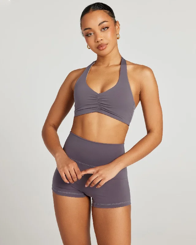 Compression sports bra – Sports bra that compresses the chest for a more secure fit and reduced bounce during high-impact activities.Halter Scrunch Bra - Haze