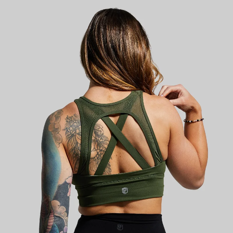 Back-closure sports bra – Sports bra with a hook-and-eye closure at the back for adjustable fit and ease of wear.X-Factor Sports Bra (Tactical Green)