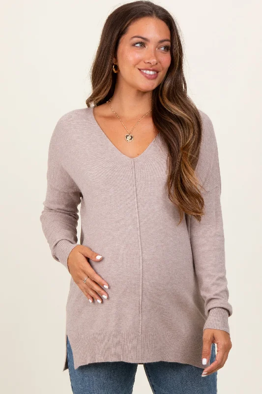 Merino wool – Soft, fine wool for warmth and breathabilityBeige Front Seam V-Neck Side Slit Maternity Sweater