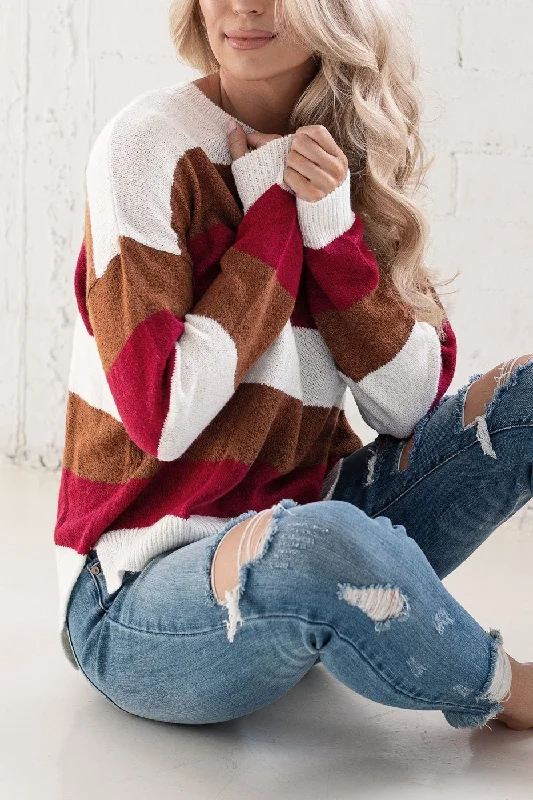 Cable knit – Featuring textured, braided patternsBev Burgundy and Tan Striped Sweater