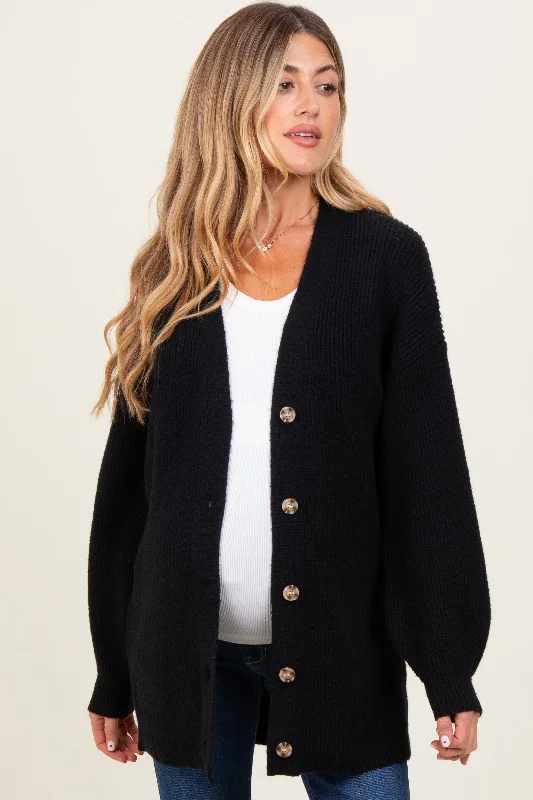 Cable knit – Featuring textured, braided patternsBlack Knit Oversized Button Down V-Neck Maternity Cardigan