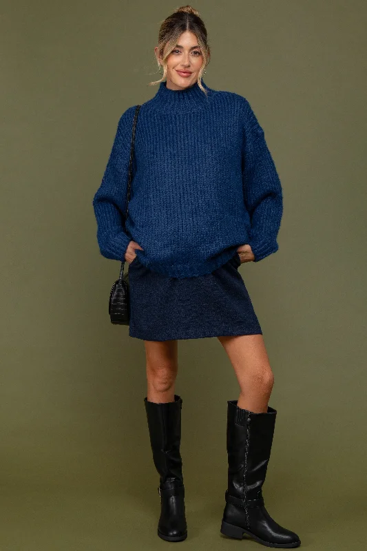 Boxy – Square, loose shapeBlue Chunky Knit Mock Neck Maternity Sweater