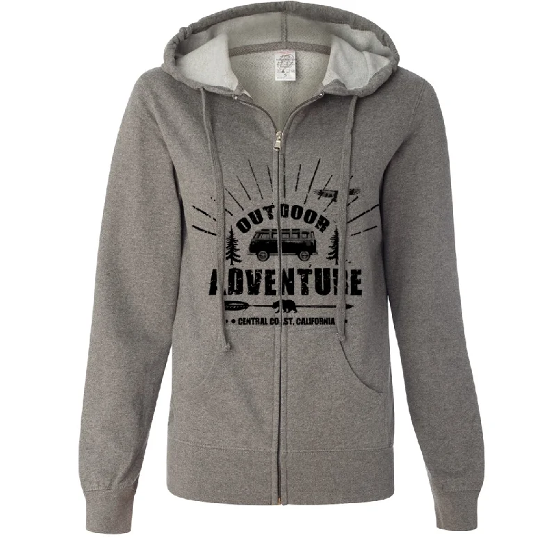 Banded hem hoodie – Sweatshirt with an elastic or ribbed band at the bottom to keep it in placeCalifornia Outdoor Adventure Ladies Lightweight Fitted Zip-Up Hoodie