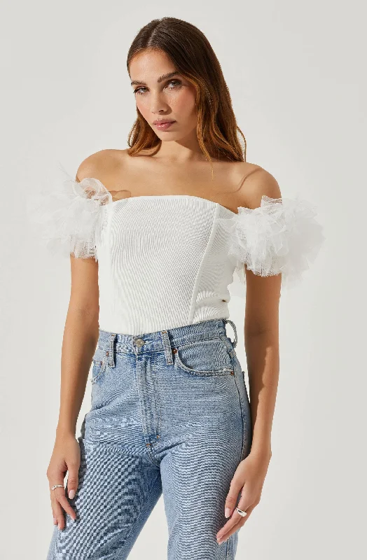 Oversized – Loose-fitting, relaxed silhouetteCalla Off Shoulder Tulle Sleeve Sweater