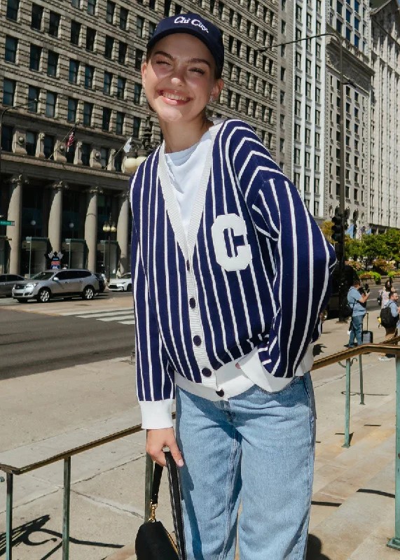 Shawl collar – Soft, wide collar for a draped effectChicago Striped Cardigan - Navy