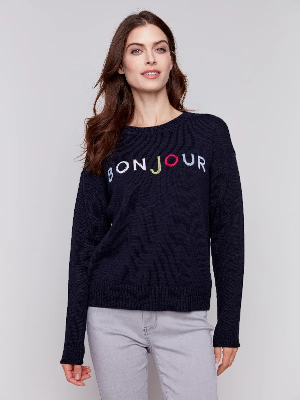 V-neck – Sweater with a V-shaped necklineCotton Blend Bonjour Sweater - Navy