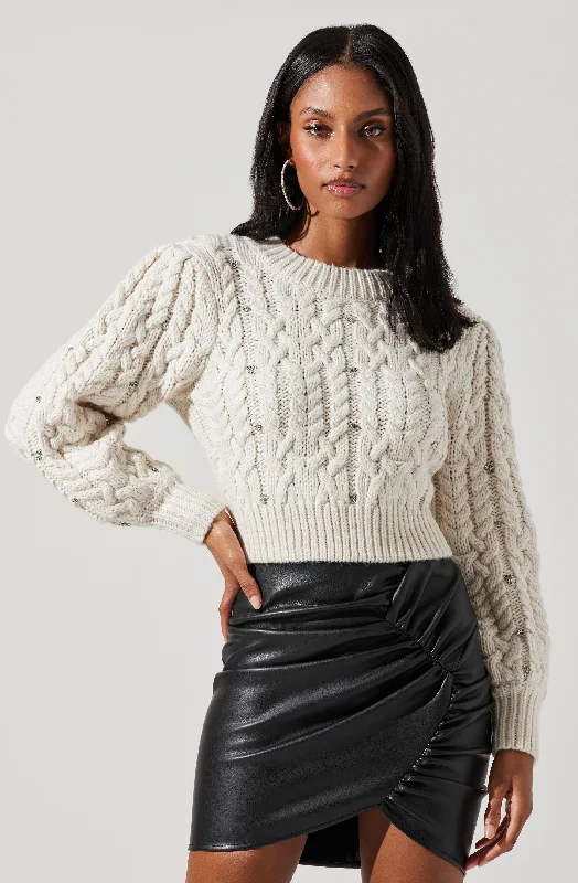 Raglan sleeve – Diagonal sleeve seams that extend to the necklineEdith Embellished Cable Knit Sweater