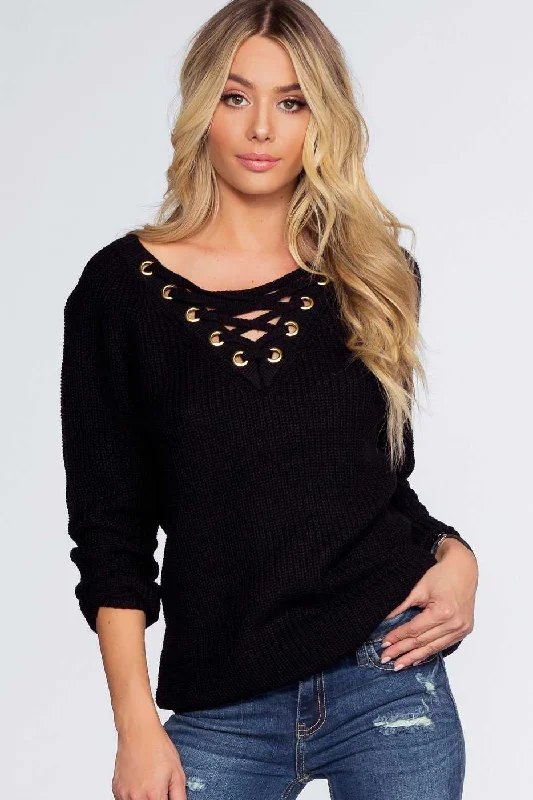 V-neck – Sweater with a V-shaped necklineElsa Lace Up Sweater - Black