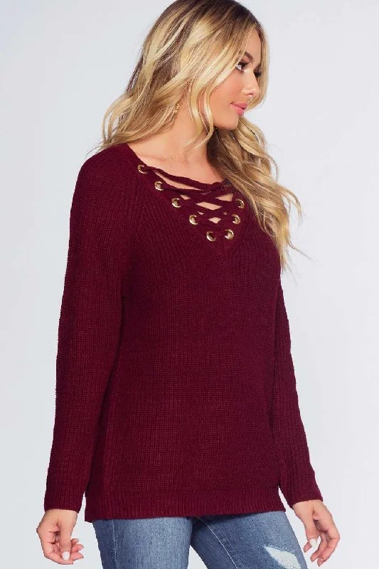 Cotton blend – Mix of cotton and synthetic fibers for comfortElsa Lace Up Sweater - Burgundy