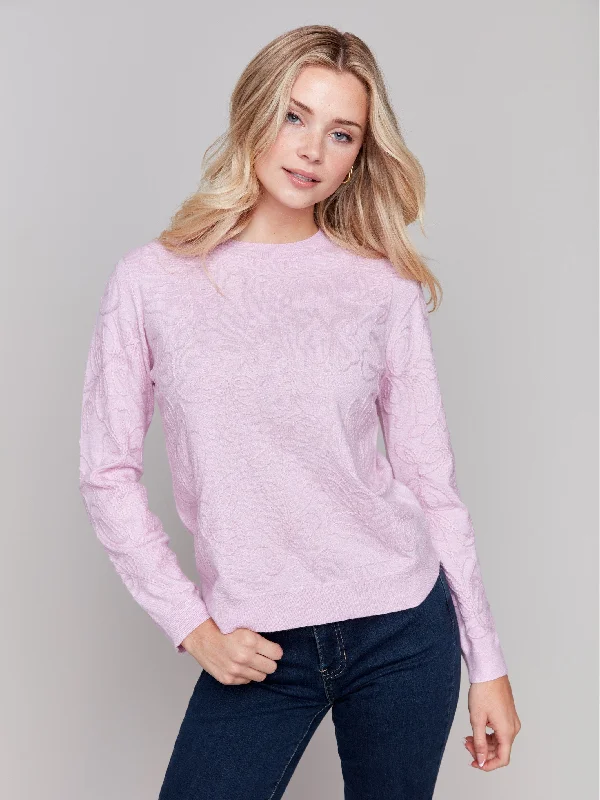 Long sleeve – Full-length sleevesEmbroidered Round Hem Sweater - Bubble Gum