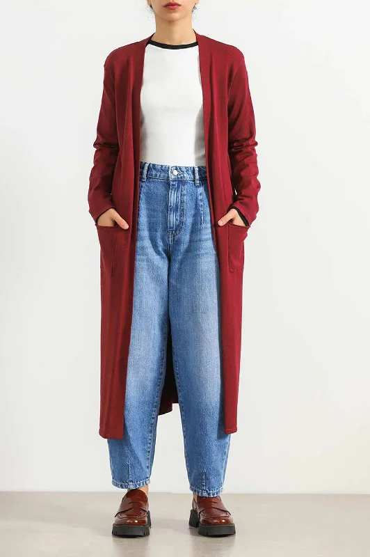 Belted – With a belt or sash for a defined waistFINE KNIT LONG CARDIGAN