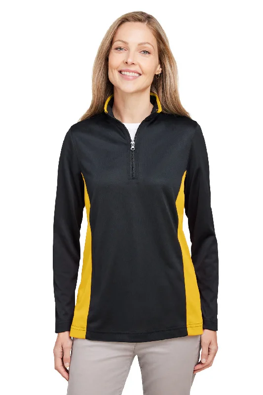 Fitted sweatshirt – Sweatshirt that fits snugly to the body, providing a more tailored lookHarriton Womens Flash Performance Moisture Wicking Colorblock 1/4 Zip Sweatshirt - Black/Sunray Yellow