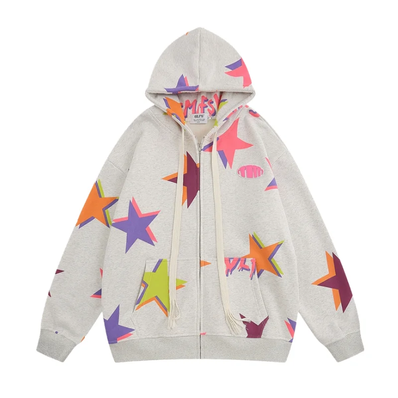 Cowl neck hoodie – Hoodie with a soft, draped collar that creates a relaxed, cozy feelHigh Street Colorful Star Full Zip Hoodies