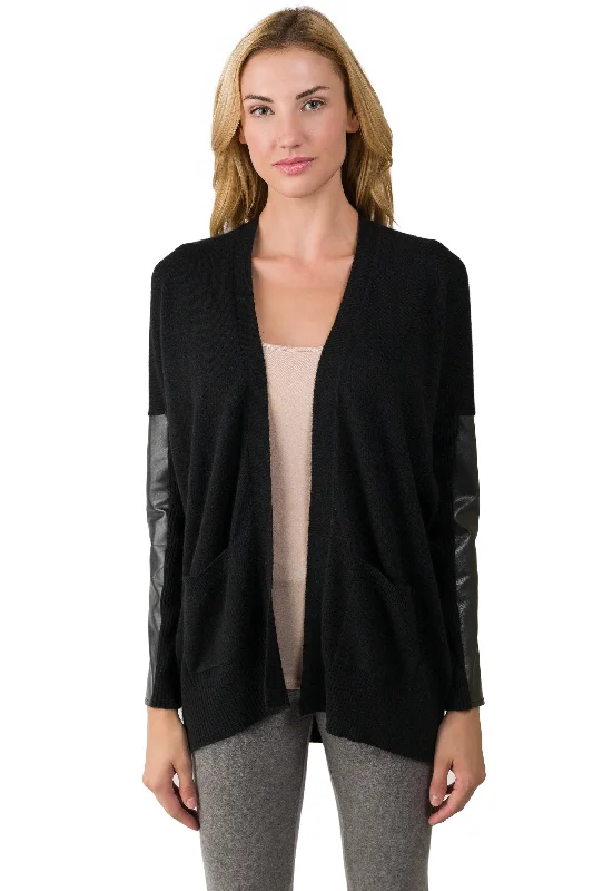 Oversized – Loose-fitting, relaxed silhouetteJ CASHMERE Women's 100% Cashmere Long Sleeve leather Dolman Cardigan Sweater