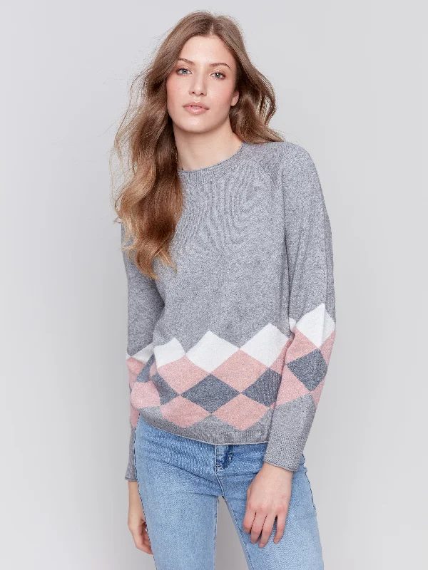 Waffle knit – Textured knit resembling a waffle patternJacquard Knit Argyle Sweater - Grey