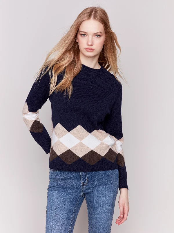 Oversized – Loose-fitting, relaxed silhouetteJacquard Knit Argyle Sweater - Navy