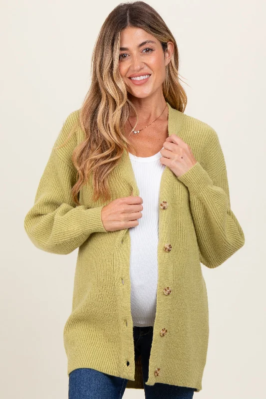 Cable knit – Featuring textured, braided patternsLight Olive Knit Oversized Button Down V-Neck Maternity Cardigan