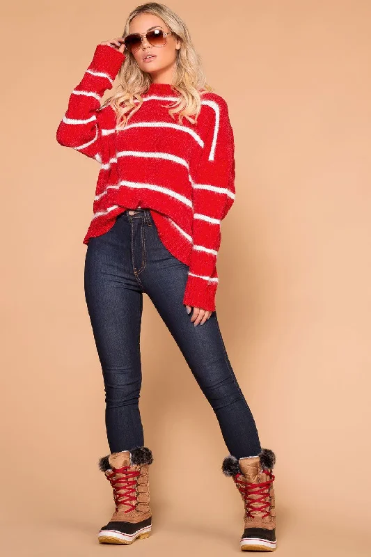 Cardigan – Open-front sweater, often buttoned or with a tieMaddie Red Stripe Chenille Knit Sweater