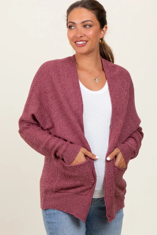 Drop shoulder – Sleeves that hang lower than the shoulder seam for a relaxed fitMagenta Pocketed Open Maternity Cardigan