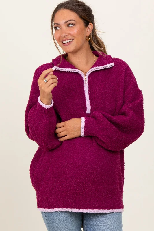 Oversized – Loose-fitting, relaxed silhouetteMagenta Soft Fuzzy Knit Quarter Zip Maternity Pullover Sweater