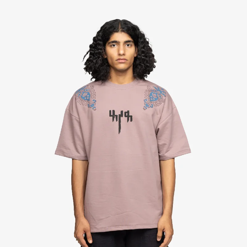 Banded hem – T-shirt with a stitched or elastic band at the bottomF A R A K | MAUVE BLOCK PRINTED T-SHIRT { PINK/PINK