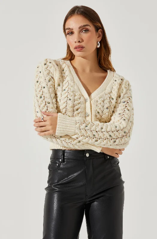 These keywords help define the specific style or feel of a sweater, allowing for more targeted searches or descriptions. Are you looking for a particular sweater style or just exploring different options?Mien Embellished Cable Knit Cardigan Sweater