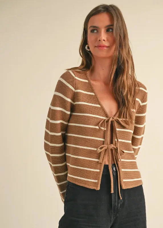 V-neck – Sweater with a V-shaped necklineNancy Striped Tie-Front Cardigan - Mocha & White