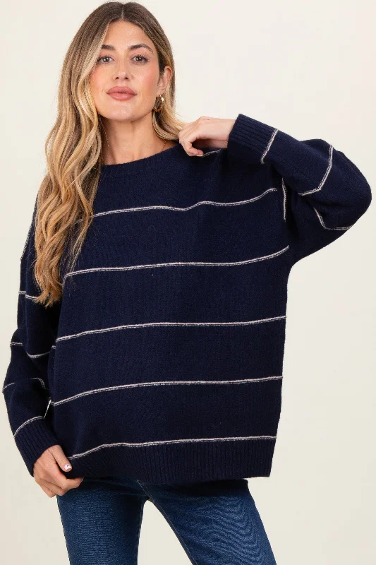 Plaid/checkered – Sweater featuring a plaid or checkered patternNavy Striped Drop Shoulder Maternity Sweater