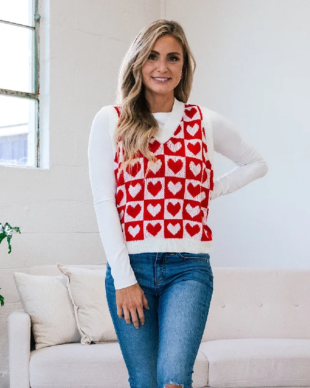 Shawl collar – Soft, wide collar for a draped effectVera Red Checkered Heart Sweater Vest FINAL SALE