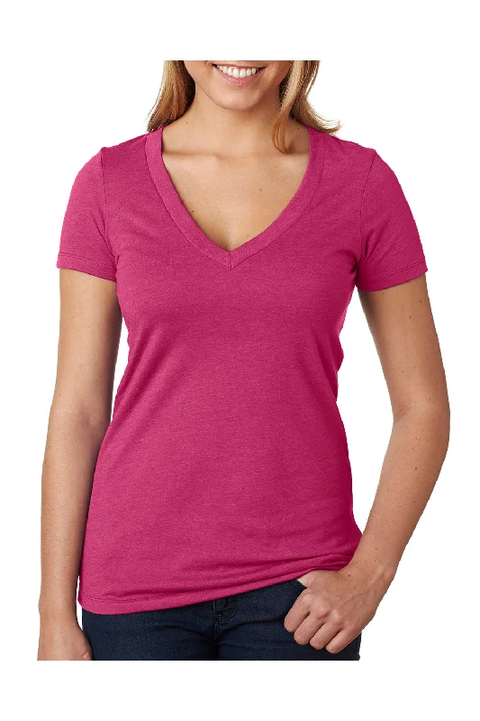 Cap sleeve – Short sleeve that covers only the shoulderNext Level Womens CVC Jersey Short Sleeve V-Neck T-Shirt - Raspberry Pink - Closeout