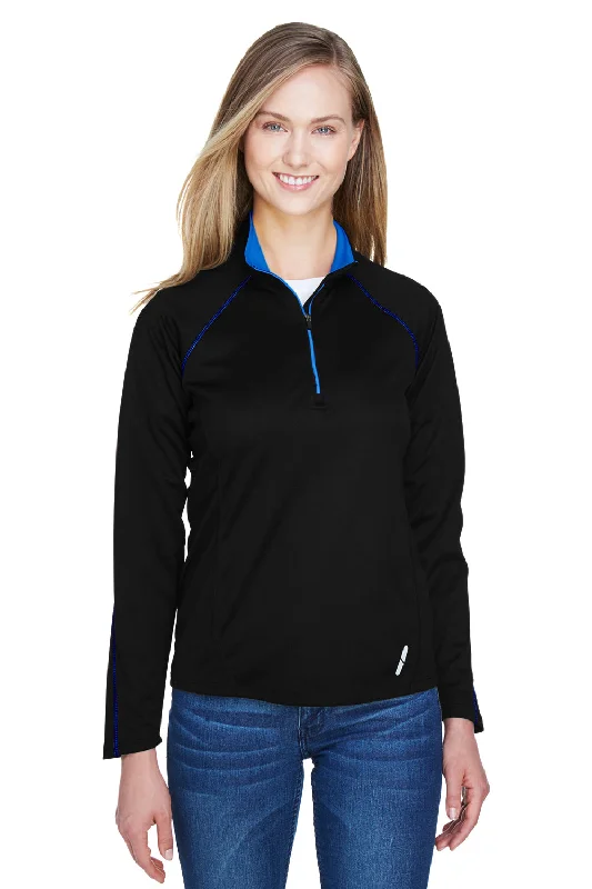 Tie-dye hoodie – Hoodie with a colorful, patterned design created through tie-dye techniquesNorth End Womens Radar Performance Moisture Wicking 1/4 Zip Sweatshirt - Black/True Royal Blue