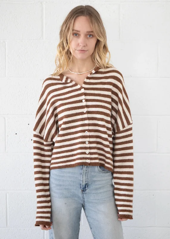 Cable knit – Featuring textured, braided patternsPiper Striped Cardigan - Ivory & Brown