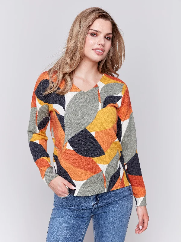 Cotton blend – Mix of cotton and synthetic fibers for comfortPrinted Plush Knit V-Neck Sweater - Spruce