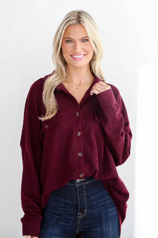 Cropped – Shortened length, above the waistReliably Cozy Wine Knit Button-Up Top