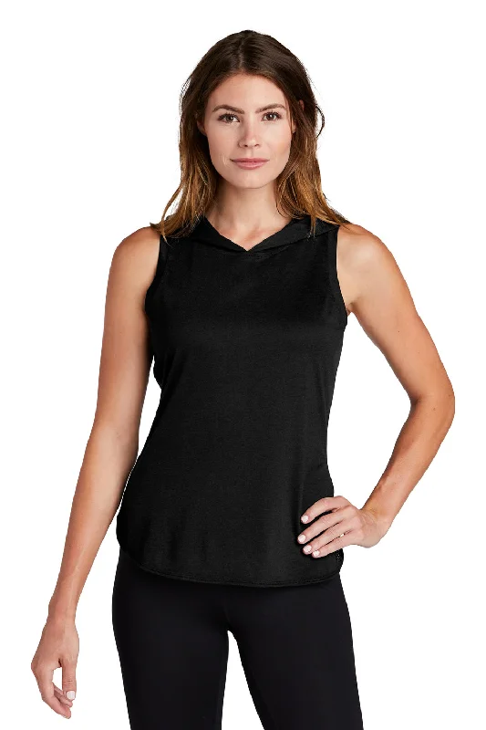 Vented hem – Slits or small openings at the bottom of the T-shirt for a relaxed fitSport-Tek Womens Draft Moisture Wicking Hooded Tank Top Hoodie - Black