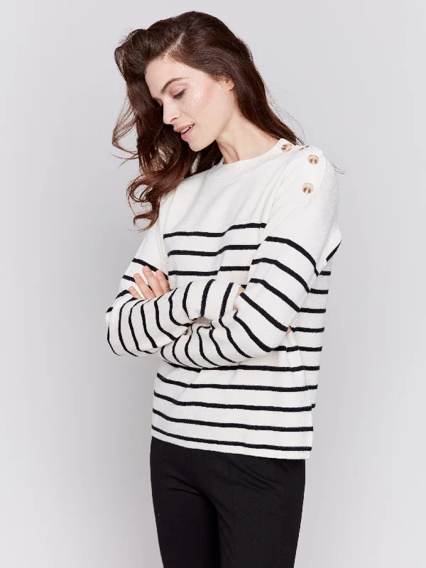 Cropped – Shortened length, above the waistStriped Sweater with Button Detail - Ecru