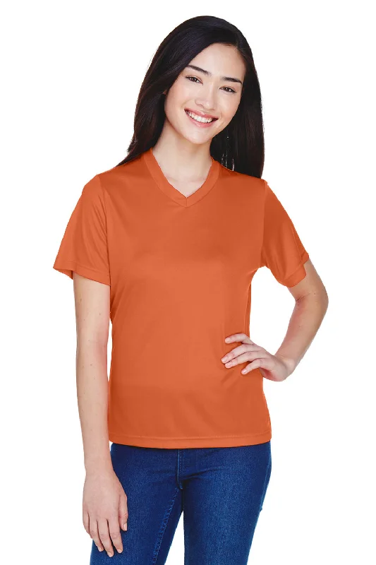 Asymmetrical – Uneven hem or design, adds a modern twistTeam 365 Womens Zone Performance Moisture Wicking Short Sleeve V-Neck T-Shirt - Burnt Orange